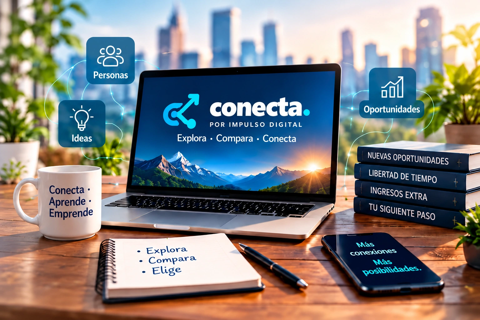 Editorial scene with Spanish text: Conecta laptop saying Explore, Compare, Connect; a Connect, Learn, Start a Business mug; and an Explore, Compare, Choose notebook.